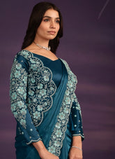 Ornate Looking Satin Silk Partywear Saree in Light Blue Colour